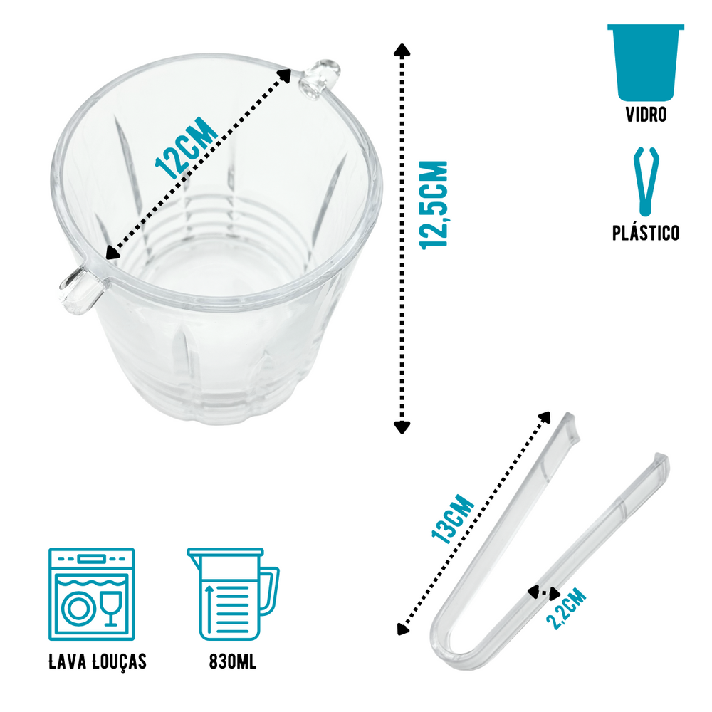 Balde Gelo C/ Pegador 830ml Vidro - A Gourmet