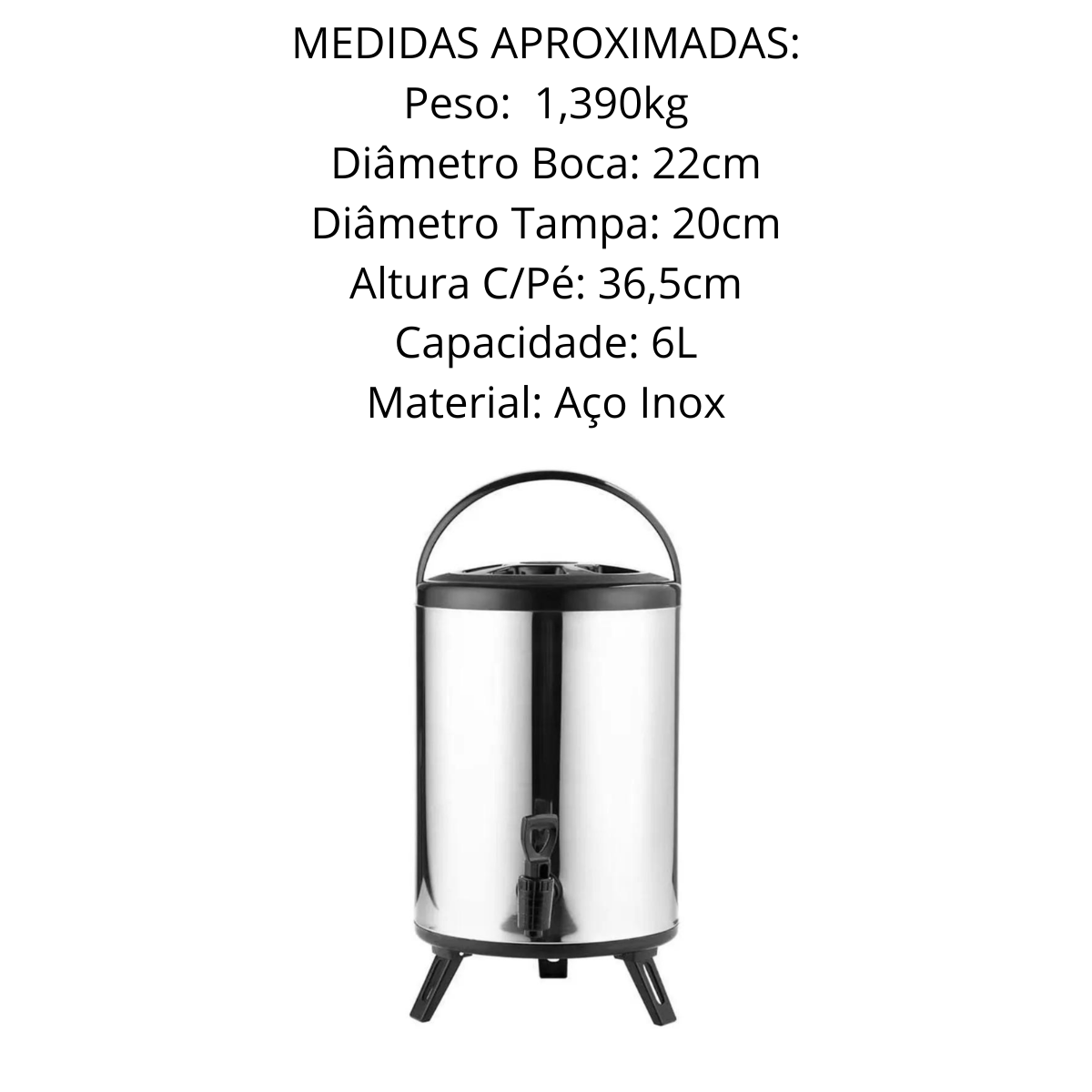 Botijão Térmico Aço Inox 6L - A Gourmet