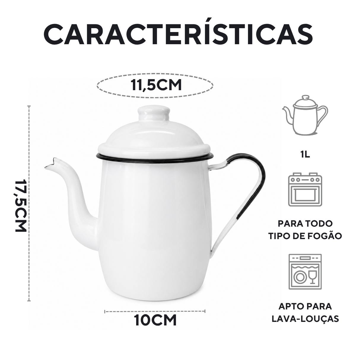 Bule Agata De Café Chá Esmaltado 1 Litro Interior Preto
