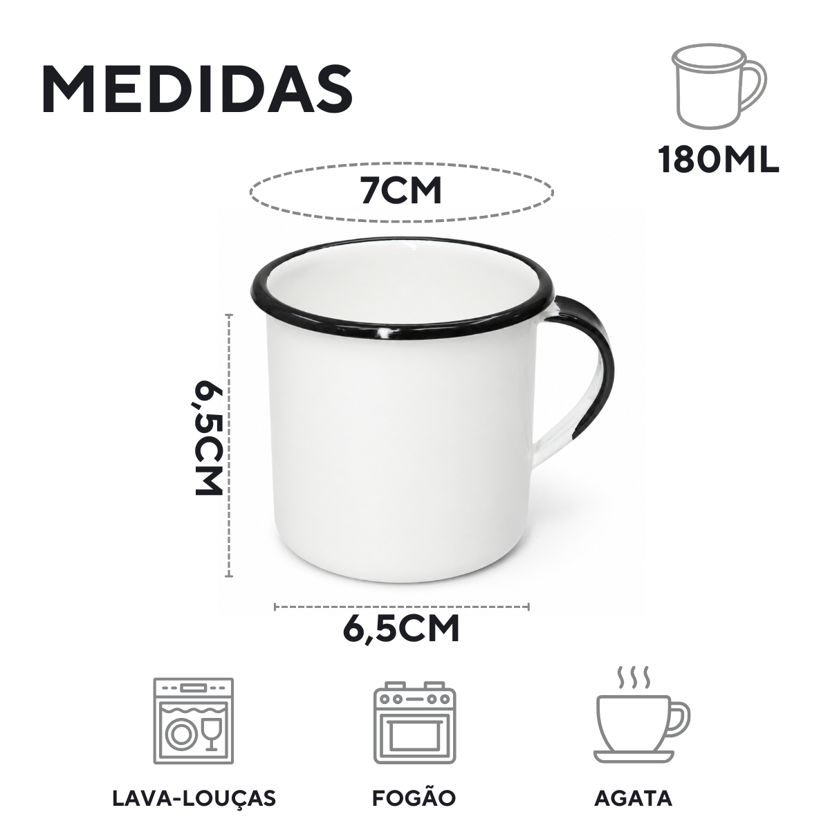 Caneca Xícara 70ml Esmaltado Borda Preta Agata