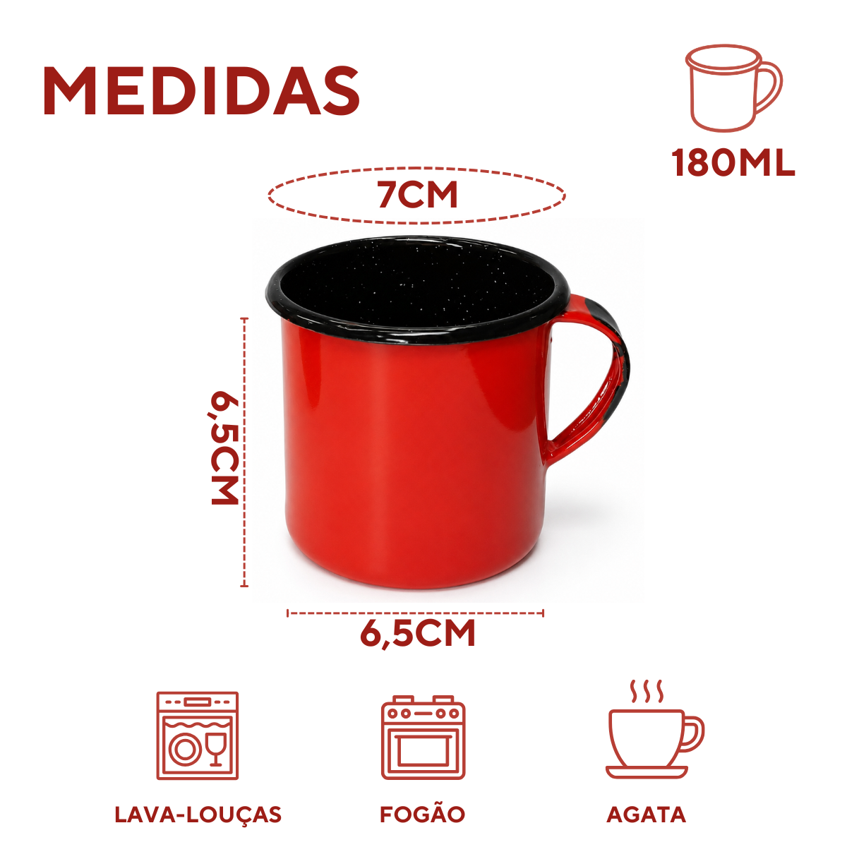 Caneca Agata Esmaltado 180ml Interior Preto