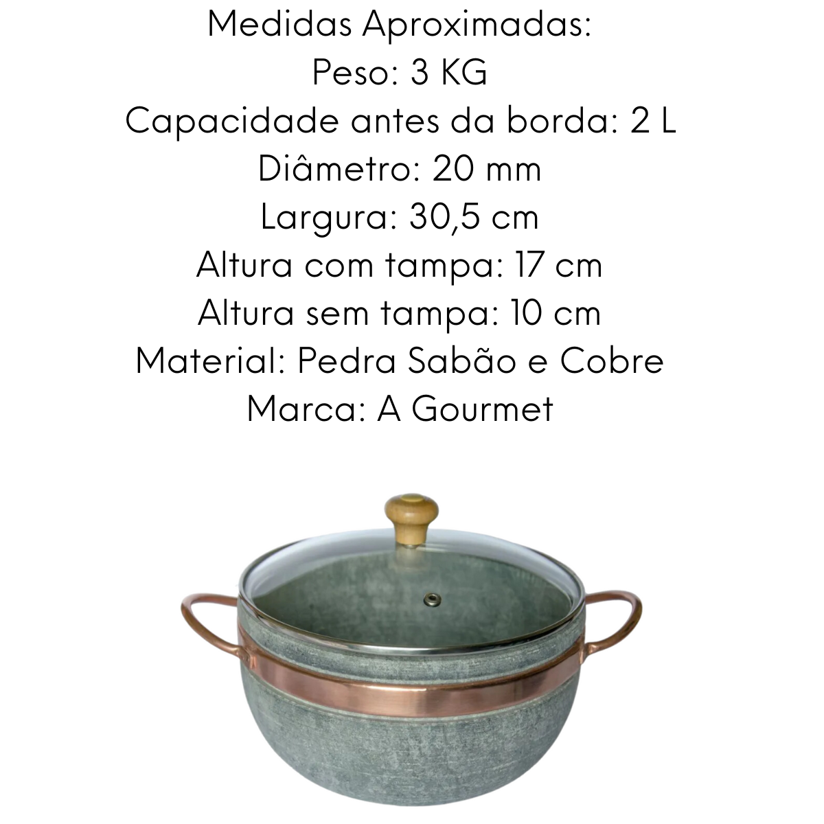 Panela De Pedra Sabão 2L Tampa de Vidro Val Pedra Sabão