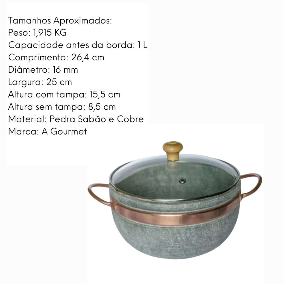 Panela Pedra Sabão Com Tampa de Vidro 1L Val Pedra Sabão