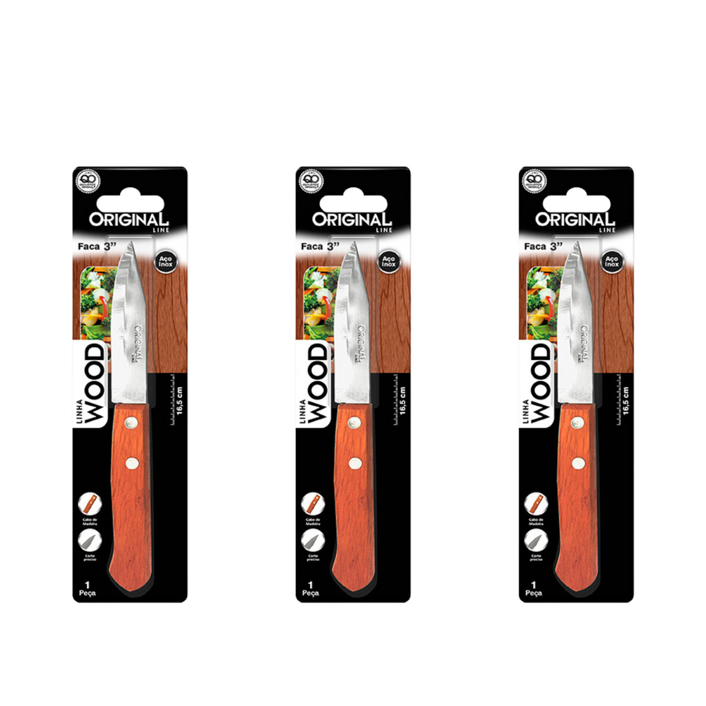 Faca Wood 3° de Aço Inox Cabo Madeira Original