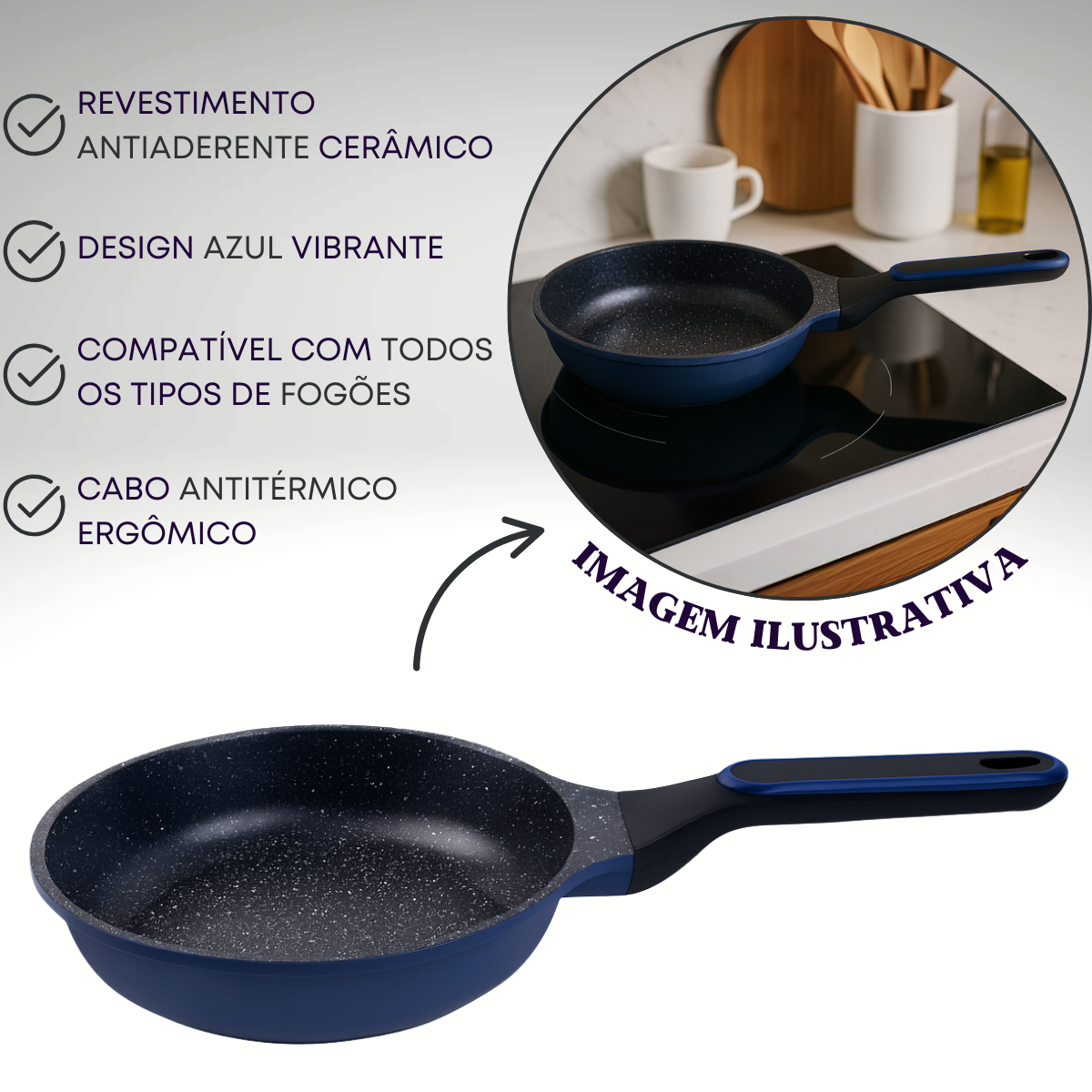 Frigideira Hercules Azul Antiaderente 1,9L Cabo Antitérmico