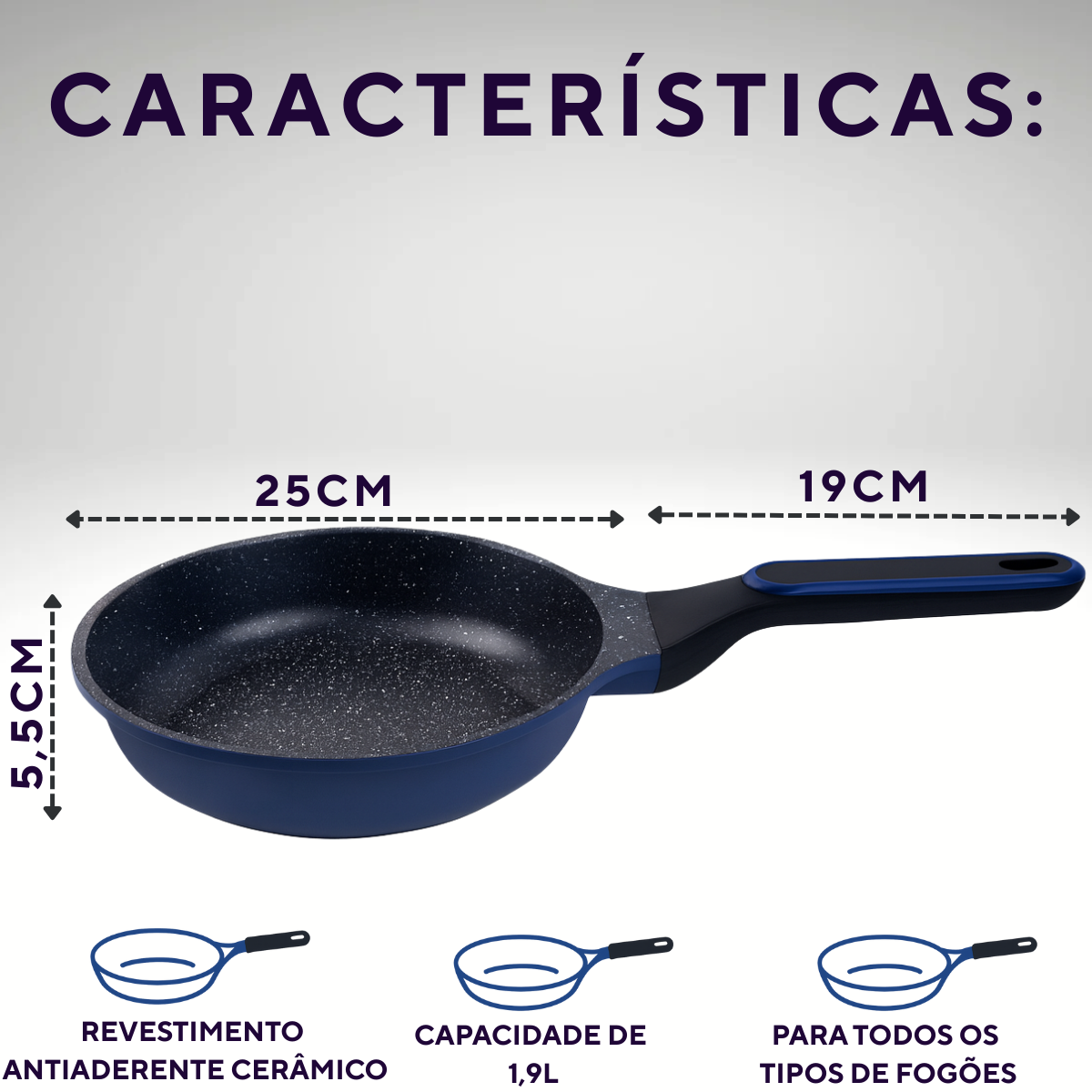 Frigideira Hercules Azul Antiaderente 1,9L Cabo Antitérmico