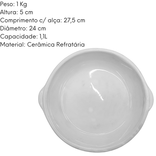 Prato Redondo Com Alça em Ceramica Branco 24cm