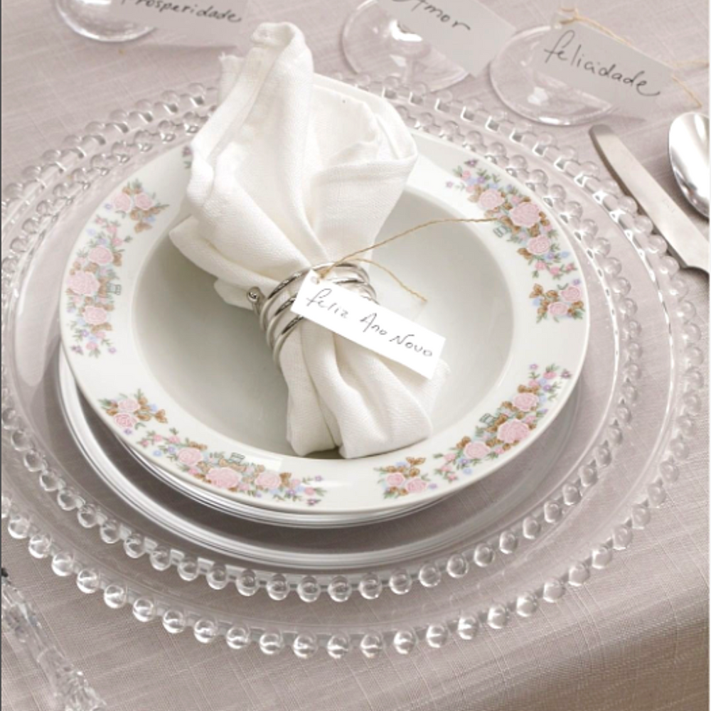 Prato Raso Pérola Em Vidro Transparente Decorado Etilux