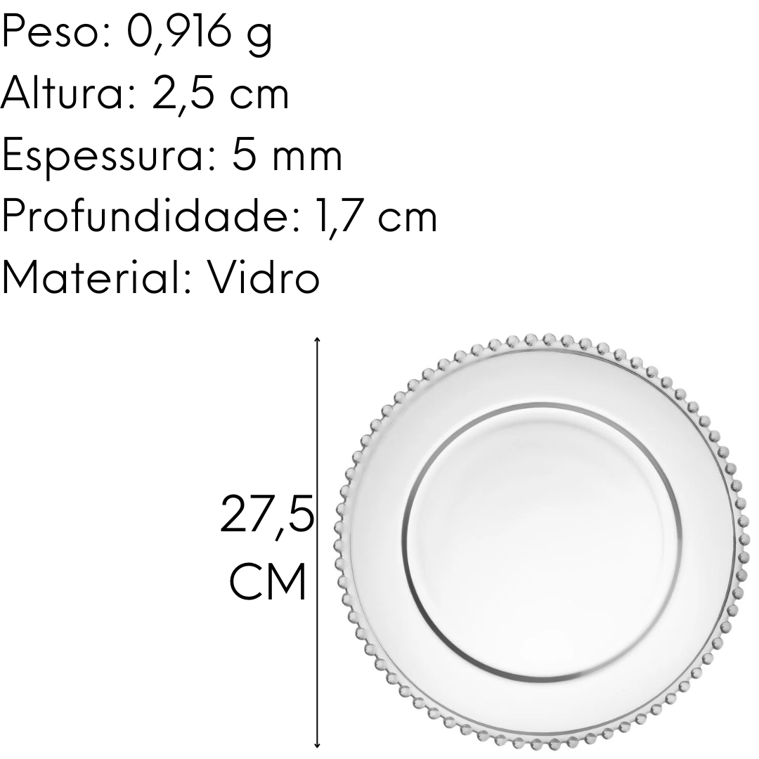 Prato Raso Pérola Em Vidro Transparente Decorado Etilux