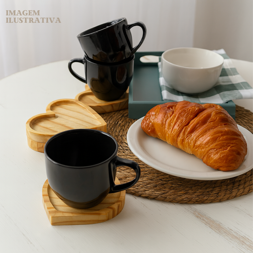 Xicara Porcelana Preta Com Pires Coração