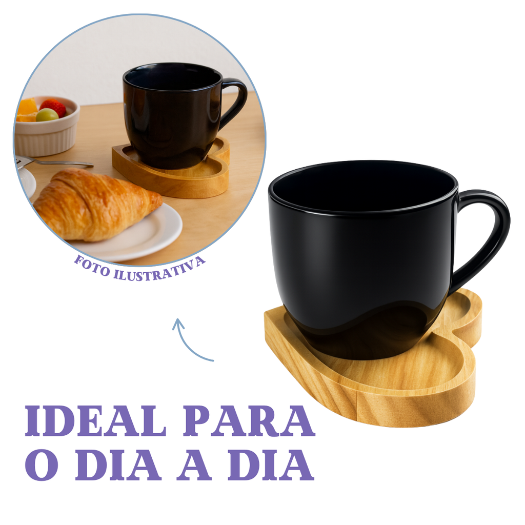 Xicara Porcelana Preta Com Pires Coração