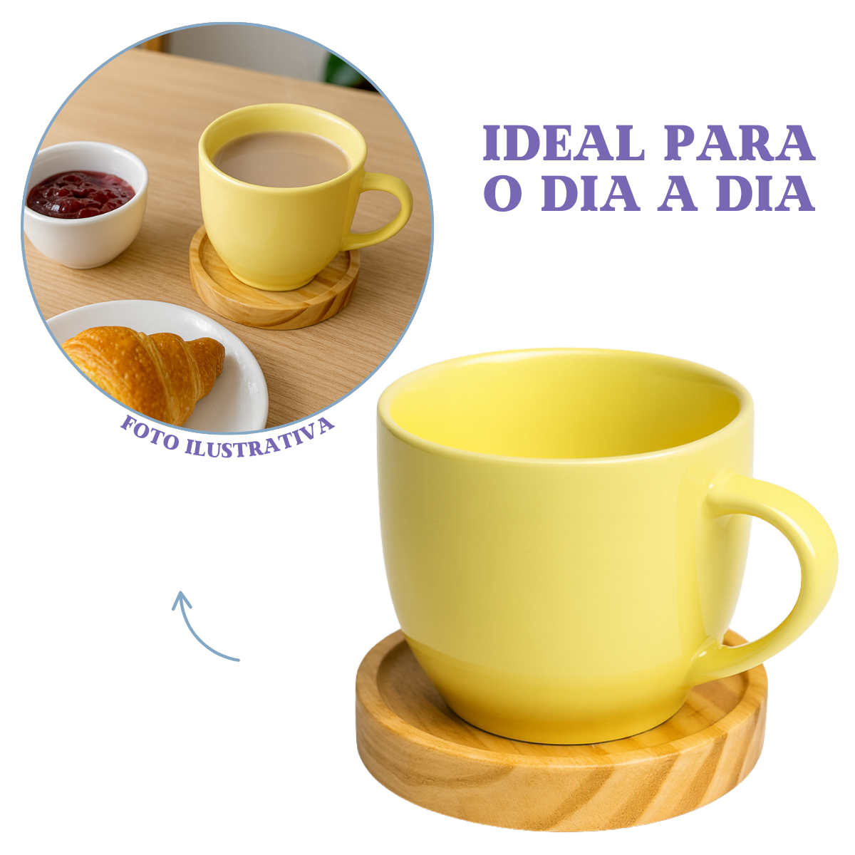 Jogo 6 Xícara Porcelana Com Pires De Madeira Café Cores Amarelo