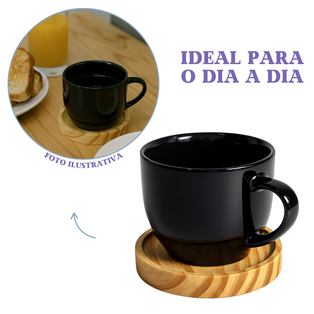 Jogo 6 Xícara Preta De Porcelana Com Pires Madeira Café Chá Preto