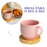 Jogo 6 Xícara De Porcelana Rosa Com Pires Madeira Pinus Café Rosa