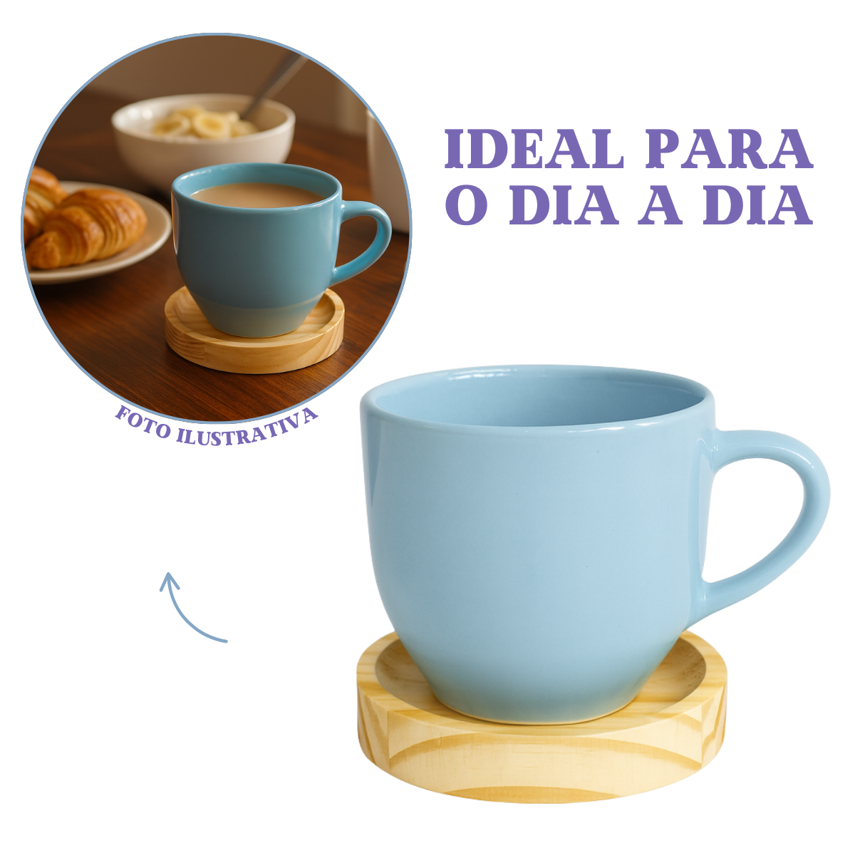 Jogo 6 Xícara De Chá Porcelana Café Casa Com Pires Madeira Azul
