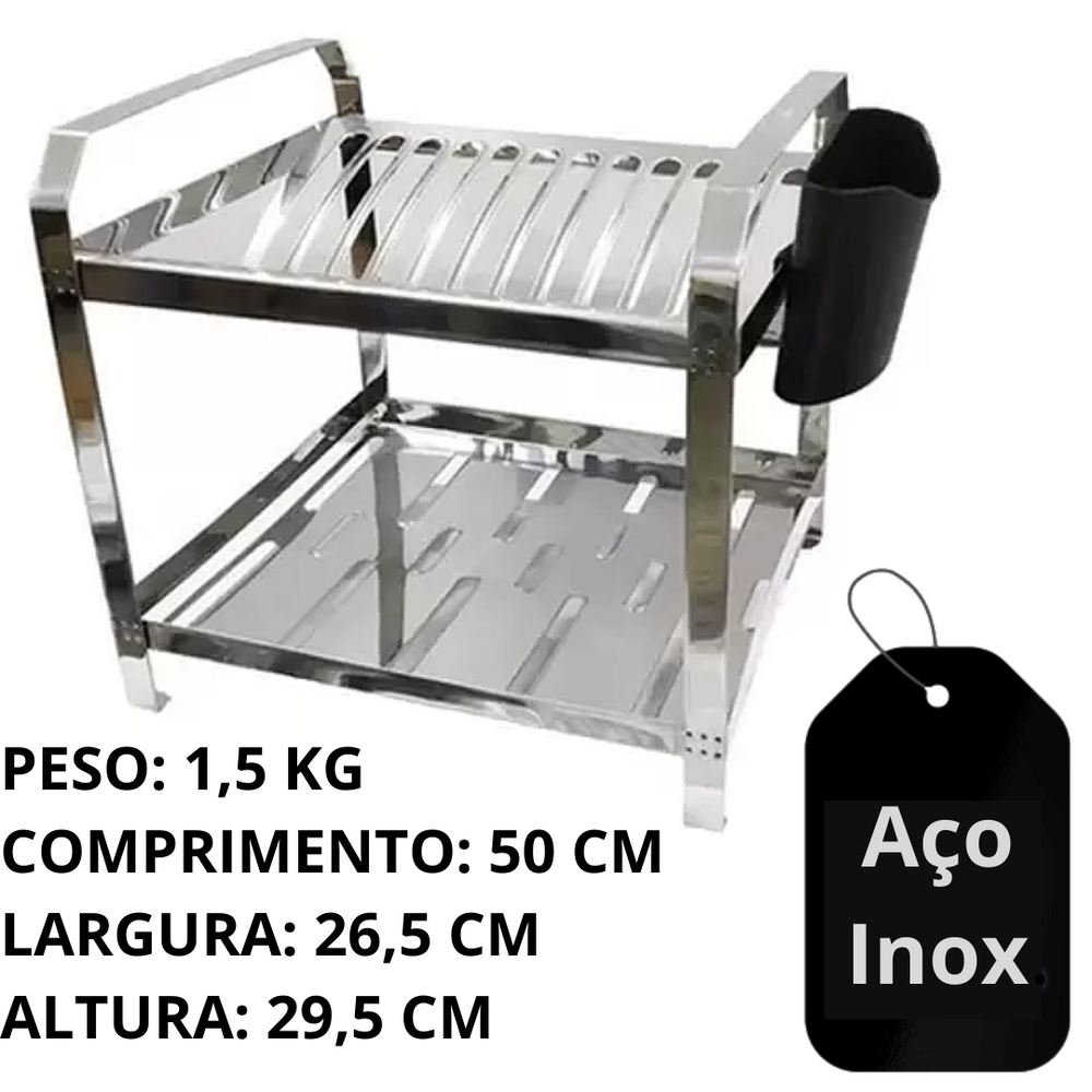 Escorredor Louça Polido 20 Prato Suporte Talher Aço Inox Dinox