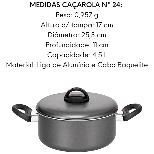 Panela Caçarola N24 Alumínio C/ Cabo Baquelite 4,5l Grafite