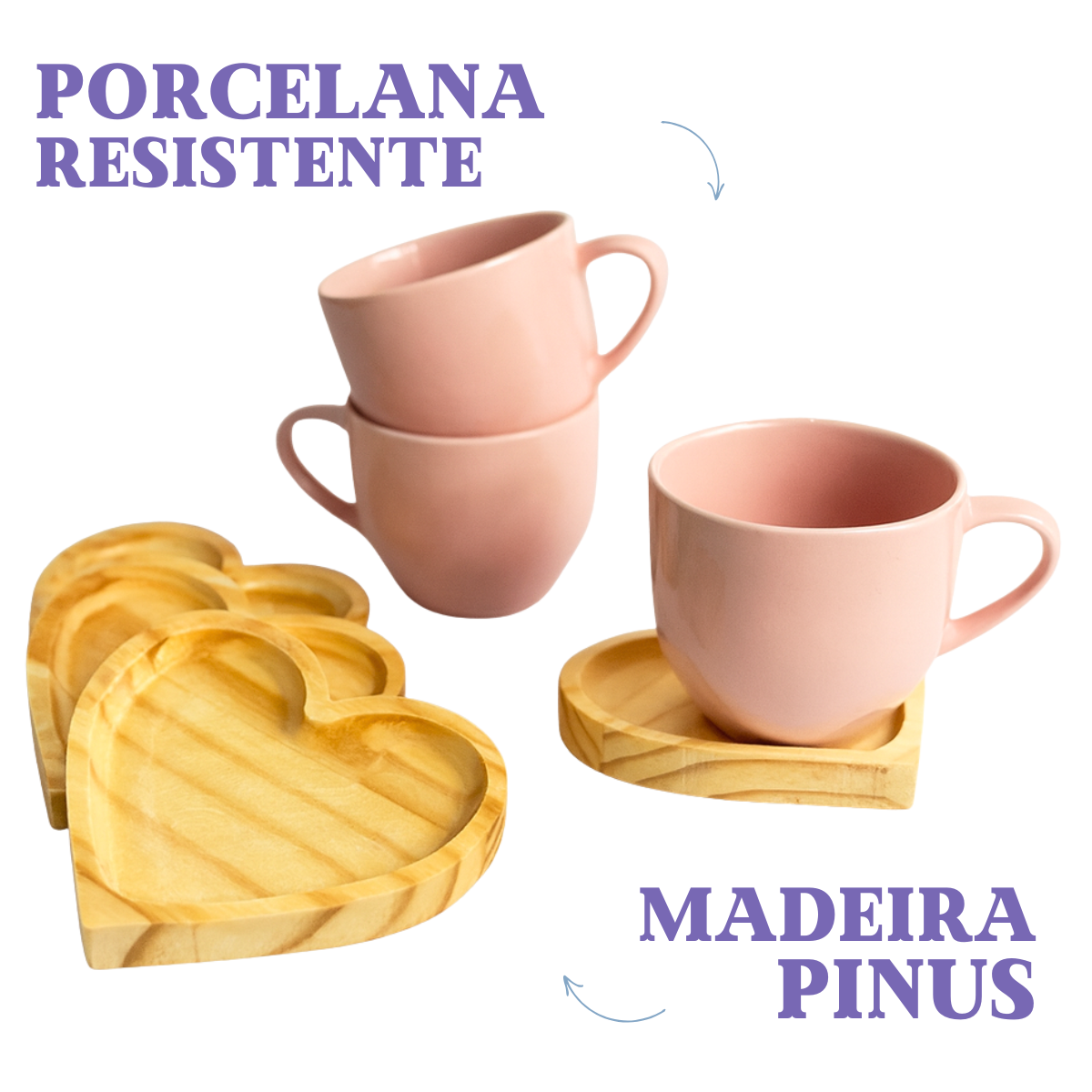 Kit 6 Xicara Porcelana Rosa Com Pires Coração
