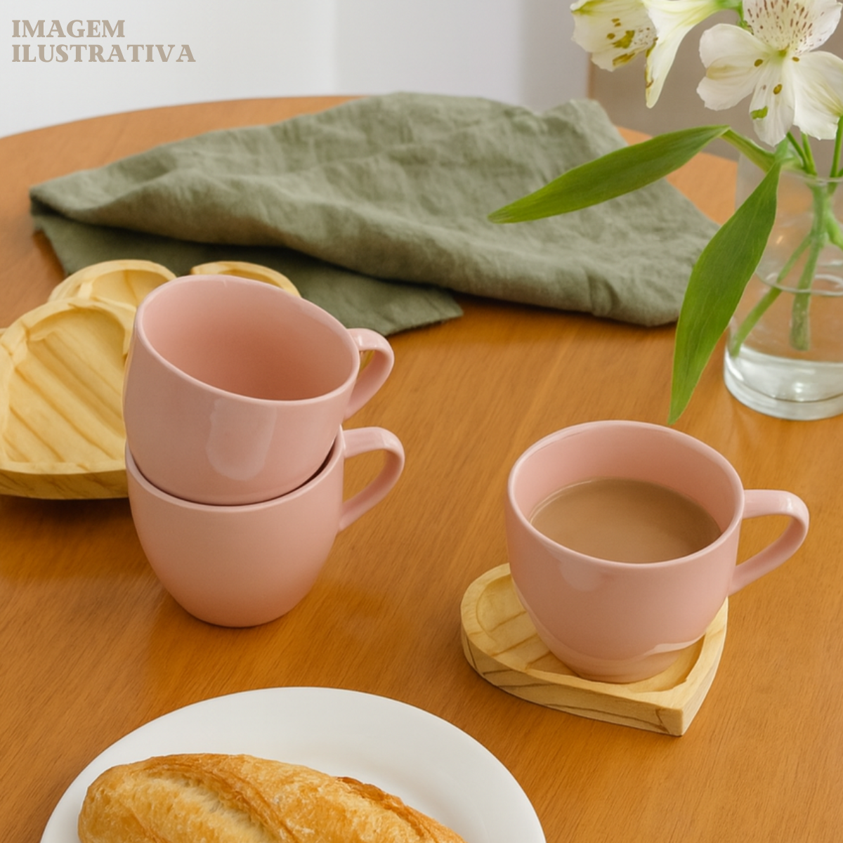 Kit 6 Xicara Porcelana Rosa Com Pires Coração