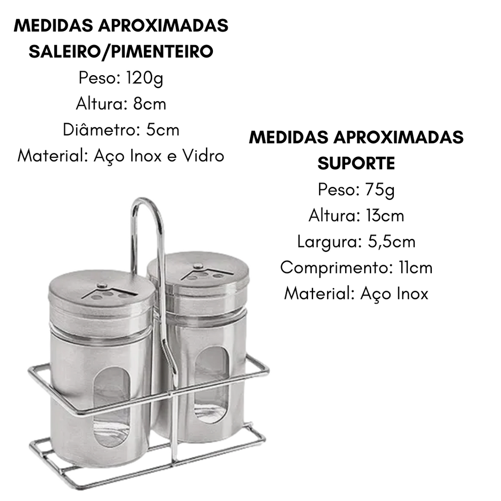 Saleiro Pimenteiro em Aço Inox Com Suporte Etilux