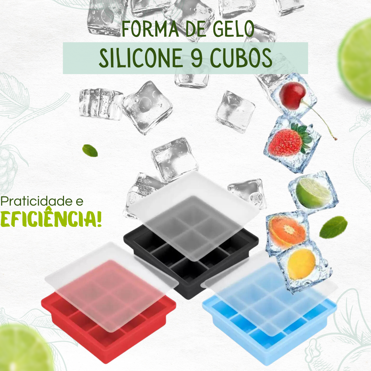 Forma de Gelo Silicone 9 Cubos Com Tampa unyhome