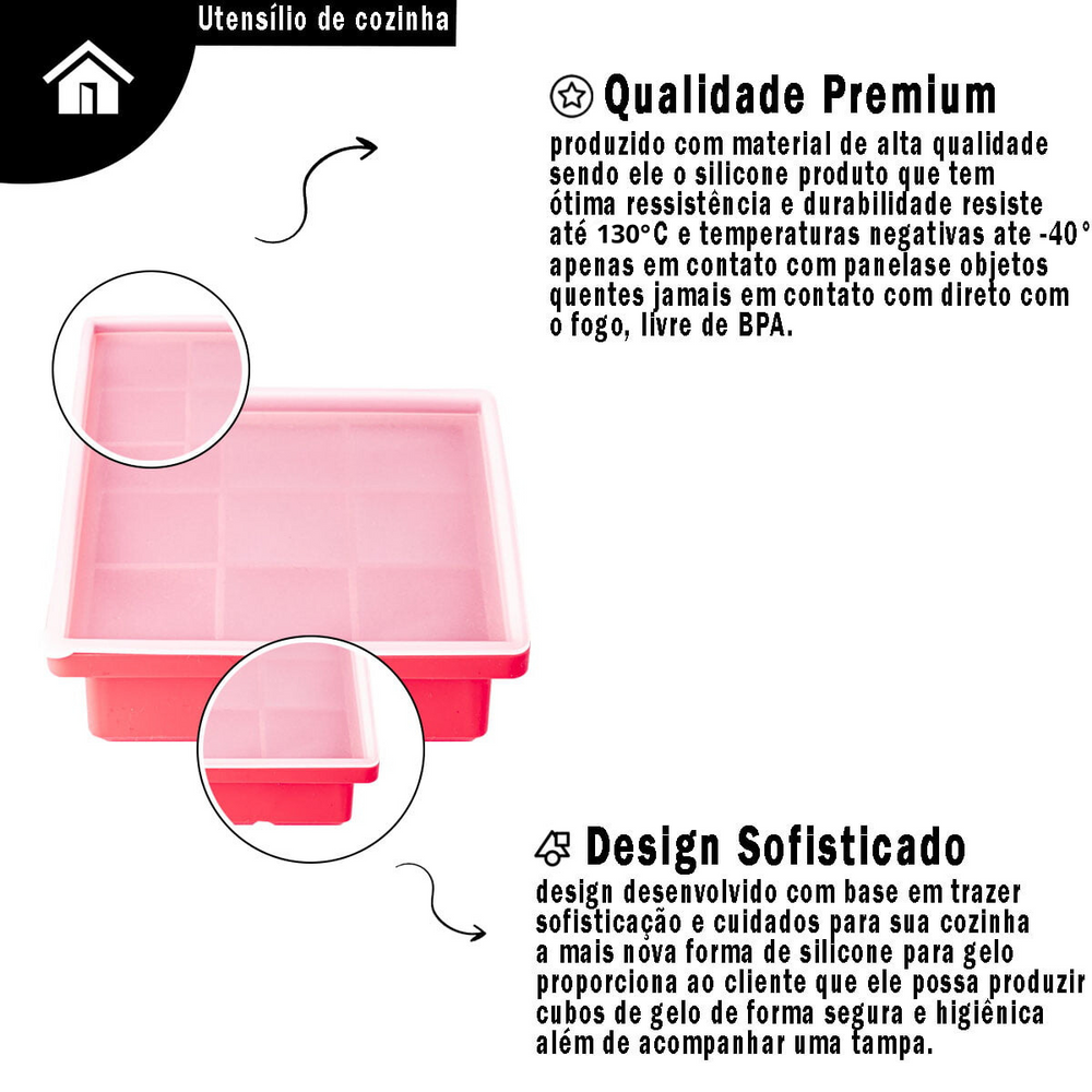Forma de Gelo Silicone 9 Cubos Com Tampa unyhome