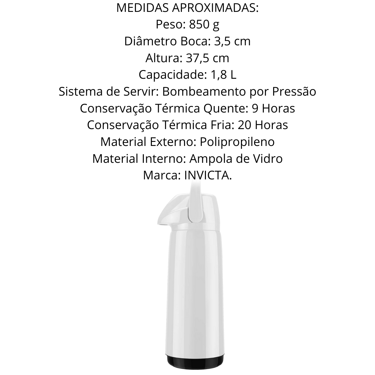 Garrafa Térmica Branca Air Pot PP Slim 1,8L Invicta