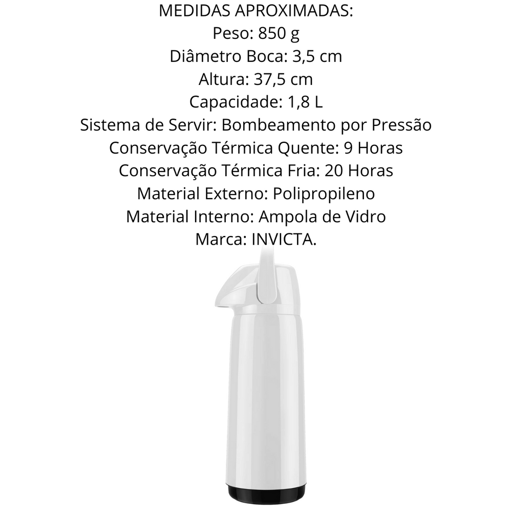 Garrafa Térmica Branca Air Pot PP Slim 1,8L Invicta
