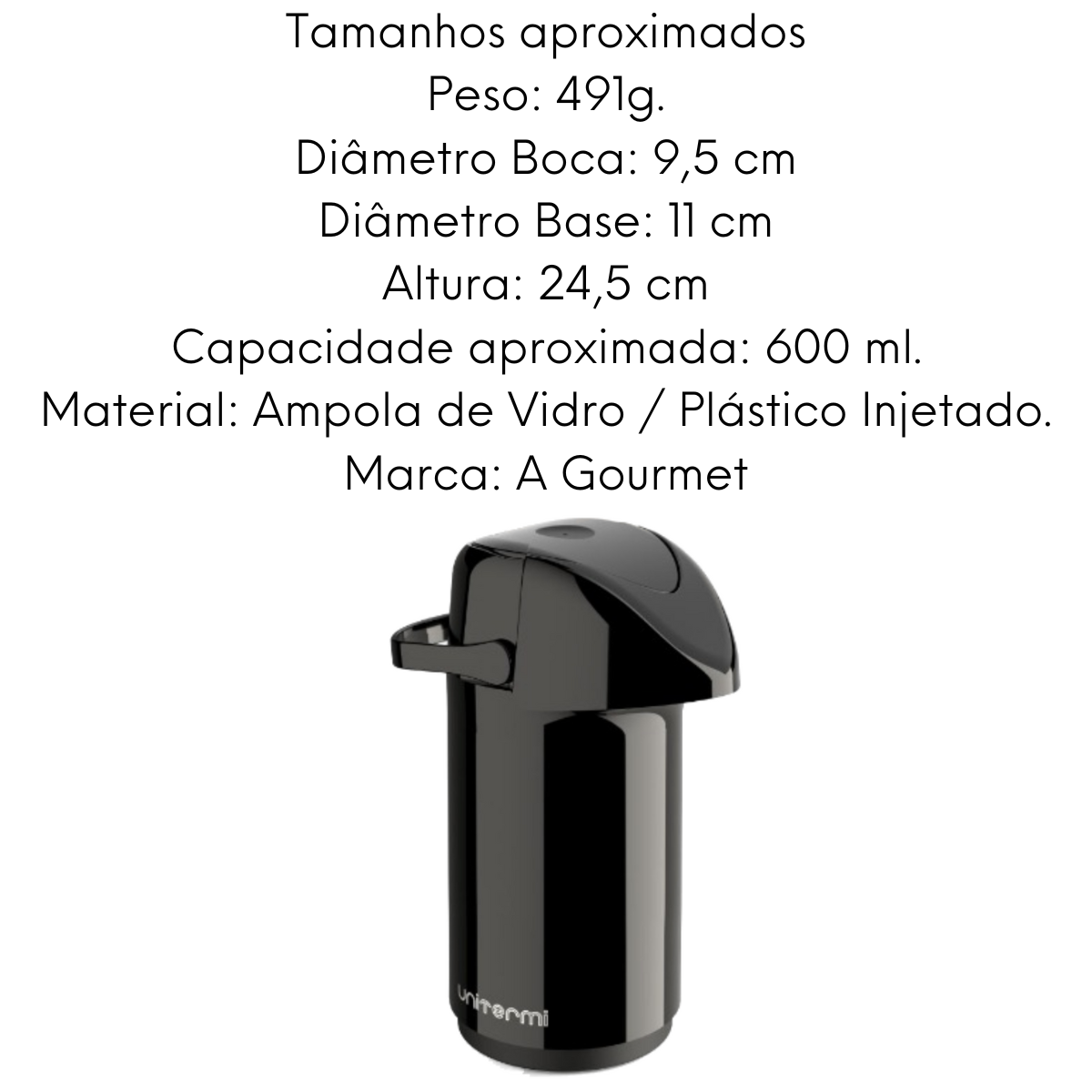 Garrafa Térmica Verona Preta de 600ML Unitermi