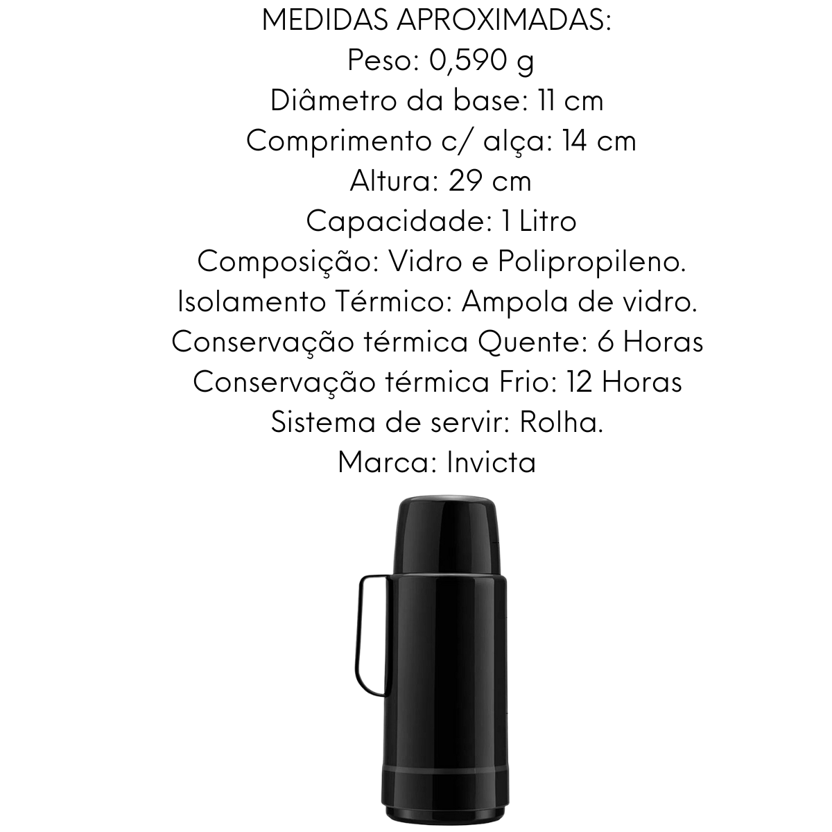 Garrafa Termica GLT Preta Rolha 1L Invicta