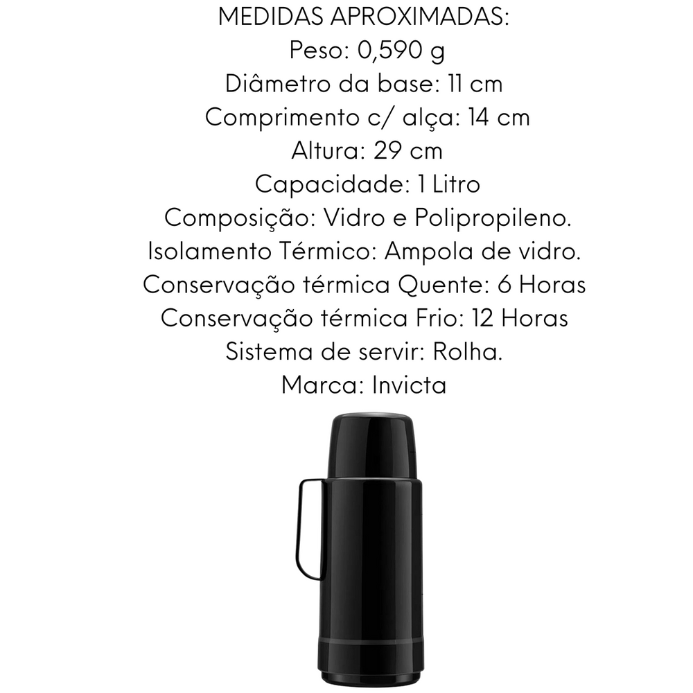Garrafa Termica GLT Preta Rolha 1L Invicta
