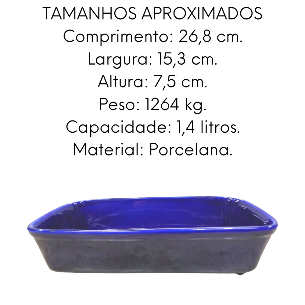 Travessa Retangular Azul Cobalto 1,4L Porcelana BelaVista
