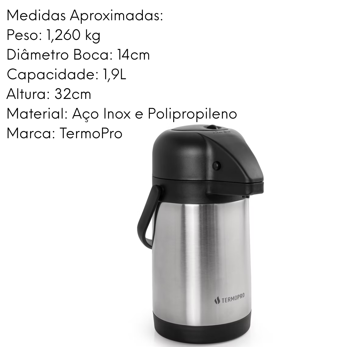 Garrafa Térmica aço inox pressão - 1,9 L - A Gourmet