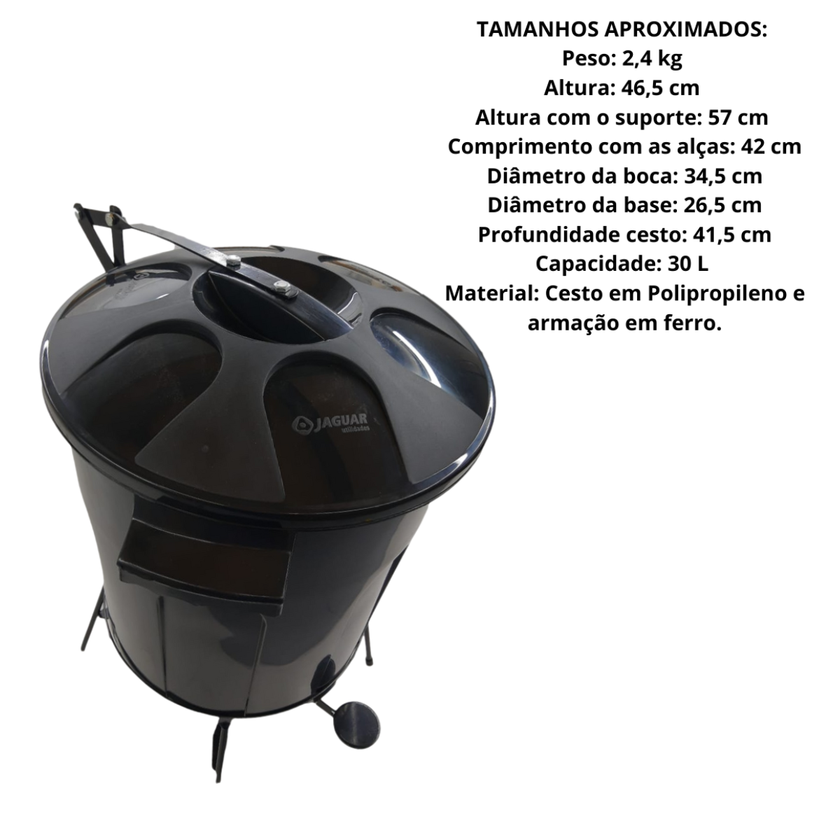 Lixeira Cesto Fechado 30L C/ Armação Ferro Pedal - A Gourmet