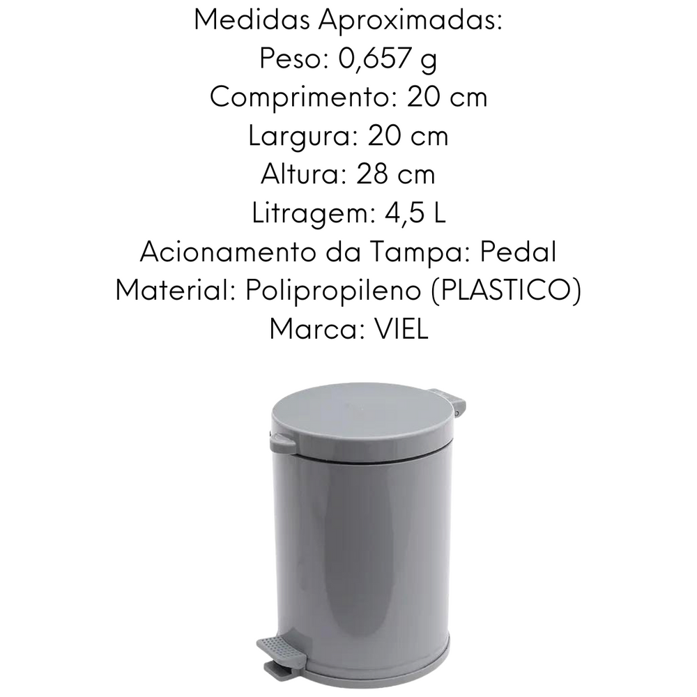 Lixeira Banheiro C/ Pedal E Recepiente Plastico 4,5 L Viel