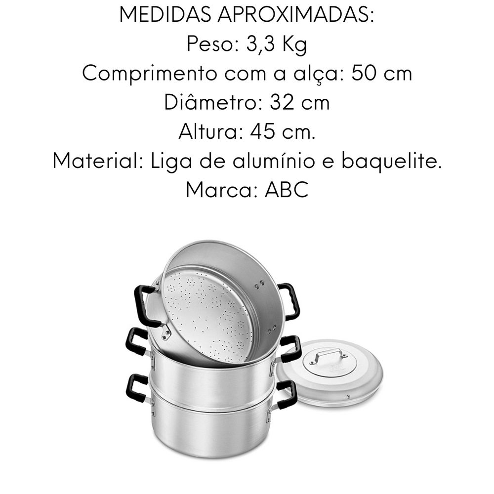 Caçarola Vapor Asa em Baquelite 3 Peças em Aluminio Hotel ABC