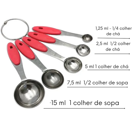 Kit 5 Colher de Medida Cabo Vermelho Aço Inox