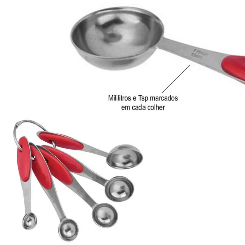 Kit 5 Colher de Medida Cabo Vermelho Aço Inox unyhome