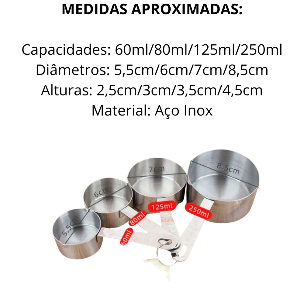 Kit 4 Copo de Medição em Aço Inox - A Gourmet