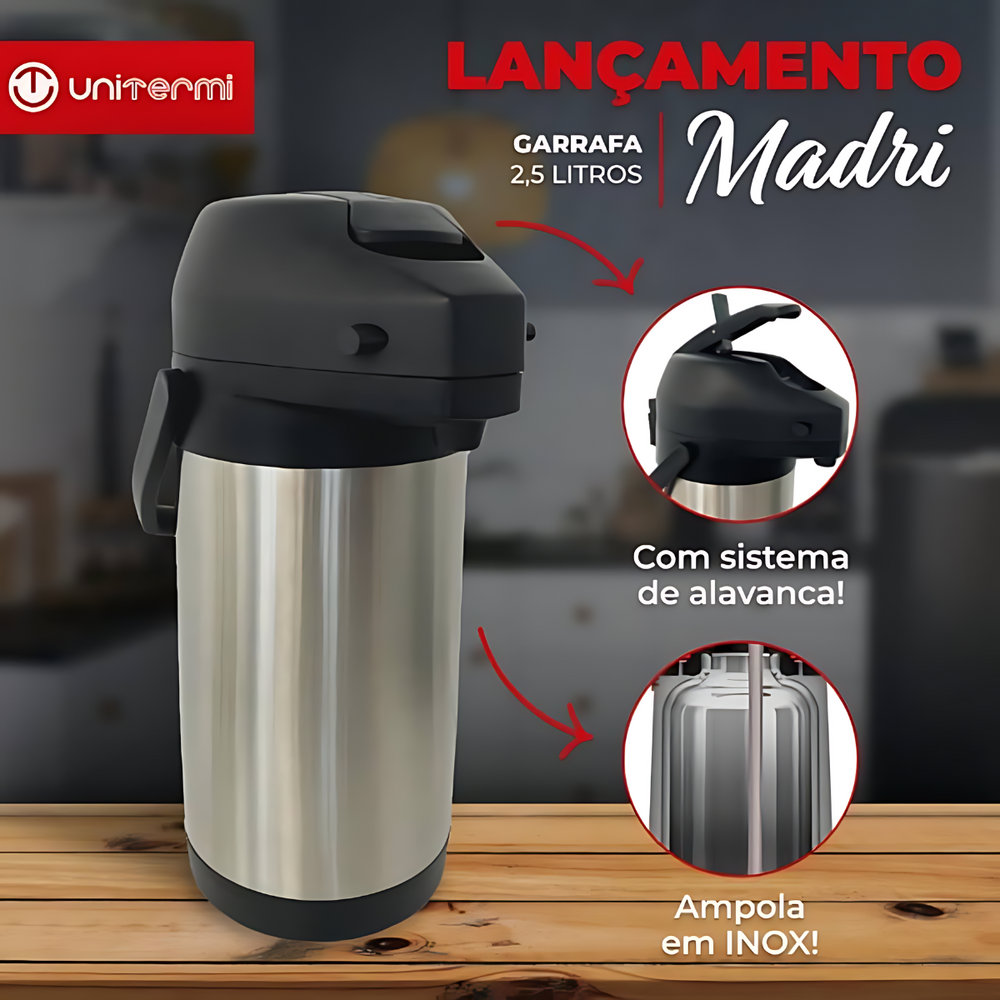 Garrafa Térmica Madri 2,5L Preta de Aço Inox - A Gourmet