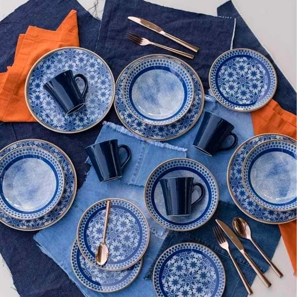 Jogo Jantar de 16 Peças Unni Jeans Oxford em Cerâmica - A Gourmet