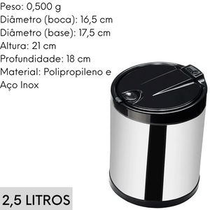Lixeira pia pequena aço inox com tampa clicar 2,5L Viel