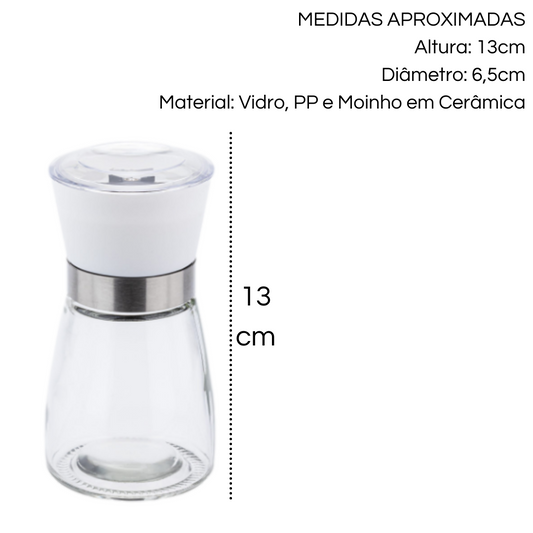 Moedor de Sal e Pimenta de Vidro Branco