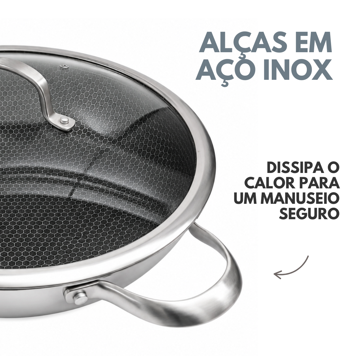 Panela Wok Inox Ceramica C/Alça e Tampa de Vidro