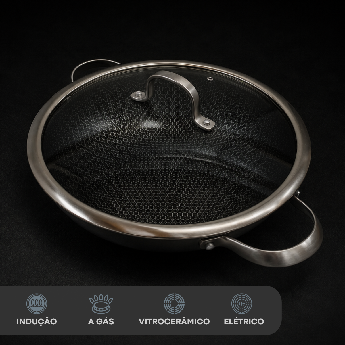 Panela Wok Inox Ceramica C/Alça e Tampa de Vidro