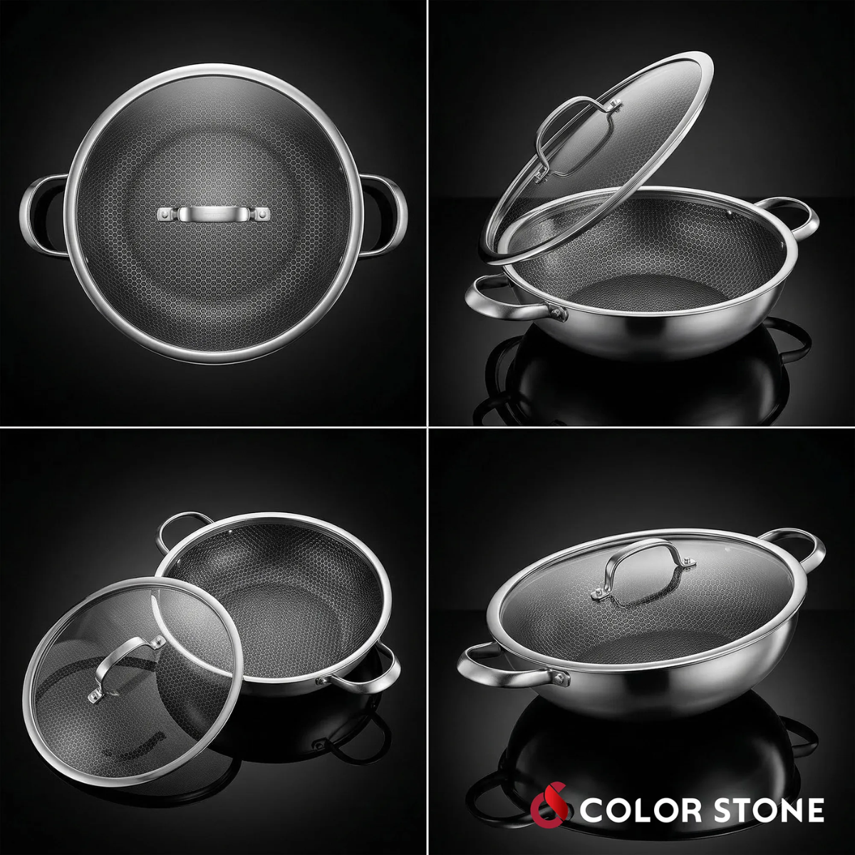 Panela Wok Inox Ceramica C/Alça e Tampa de Vidro