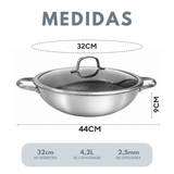 Panela Wok Inox Ceramica C/Alça e Tampa de Vidro