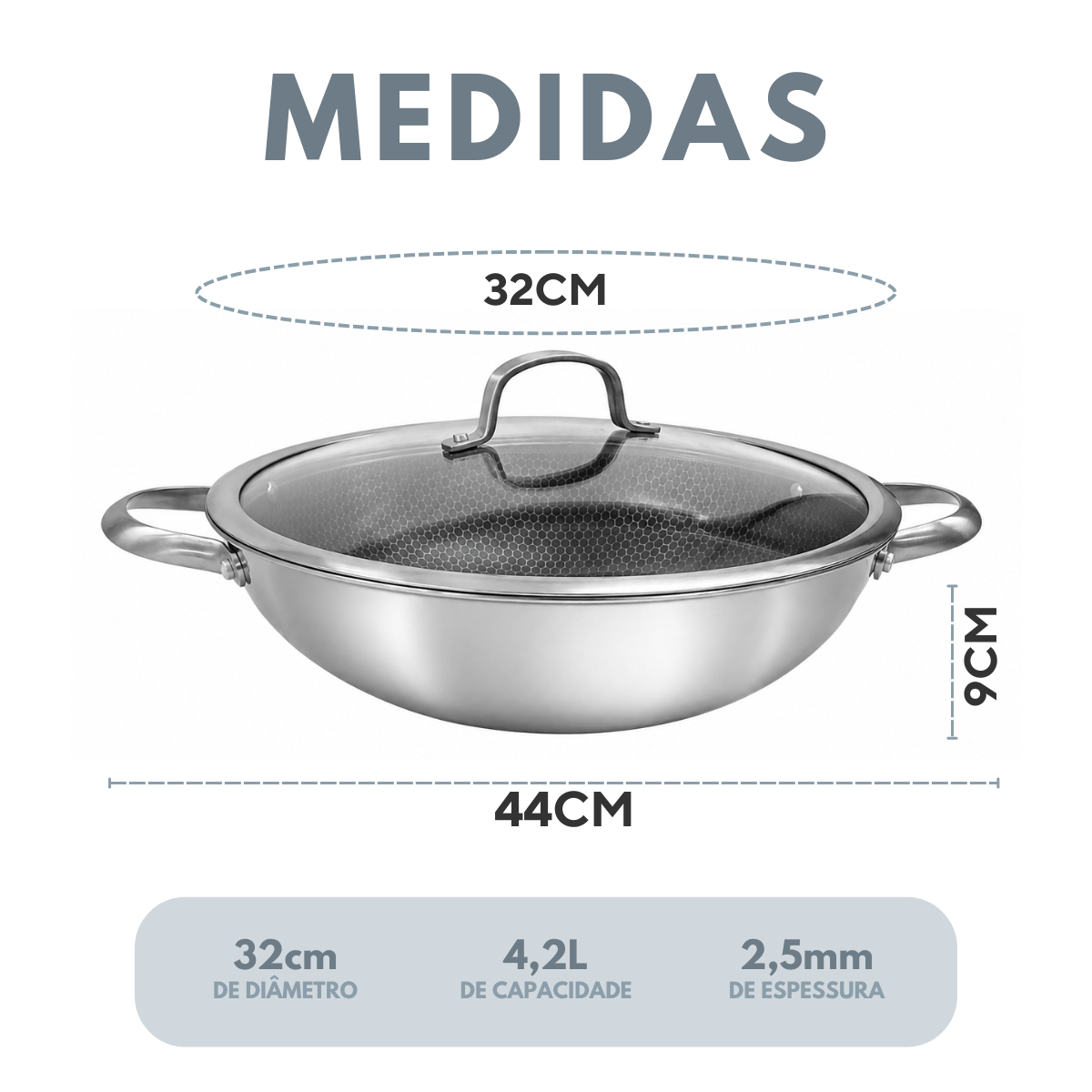 Panela Wok Inox Ceramica C/Alça e Tampa de Vidro
