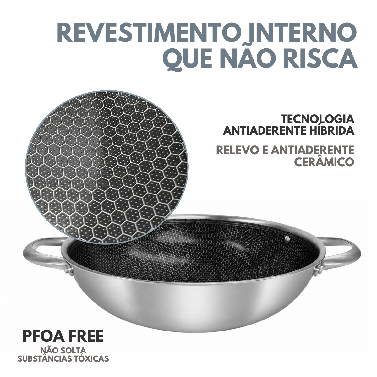 Panela Wok Inox Ceramica C/Alça e Tampa de Vidro