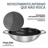 Panela Wok Inox Ceramica C/Alça e Tampa de Vidro